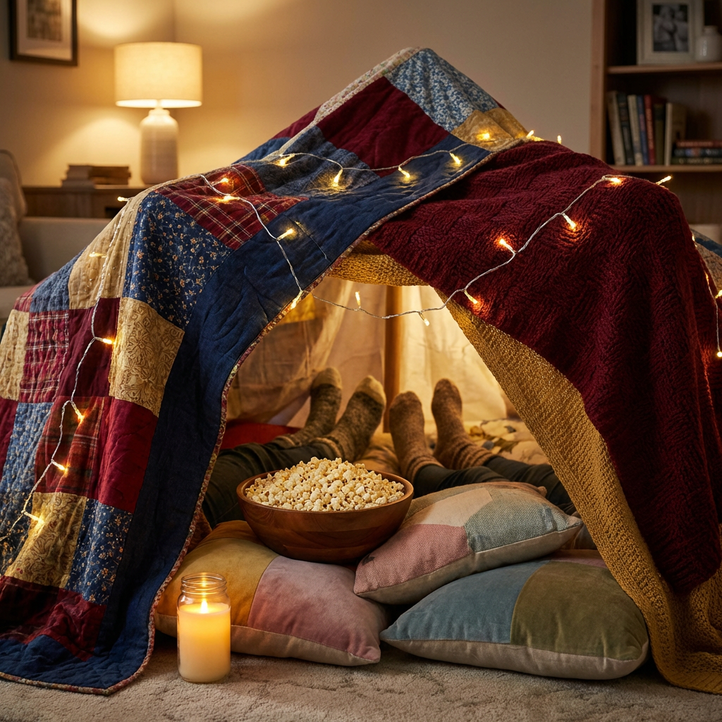 Cozy movie setup showing the best date night ideas at home.